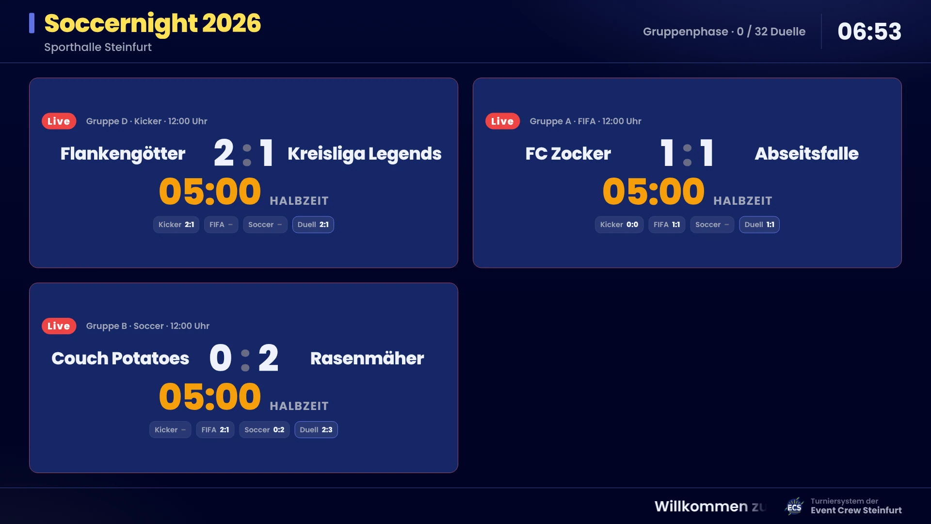 Ansicht „Live-Spiel“ mit drei laufenden Duellen, großem Ergebnis, Spieluhr in der Halbzeit und Disziplin-Ergebnissen
