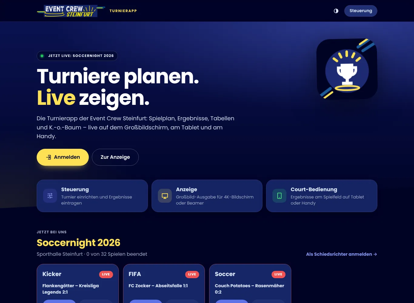 Startseite des Turniersystems mit Anmeldung, Kacheln und den Courts eines laufenden Turniers
